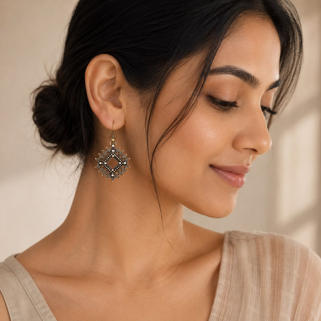 Antique Gold Geometric Square Drop Earrings