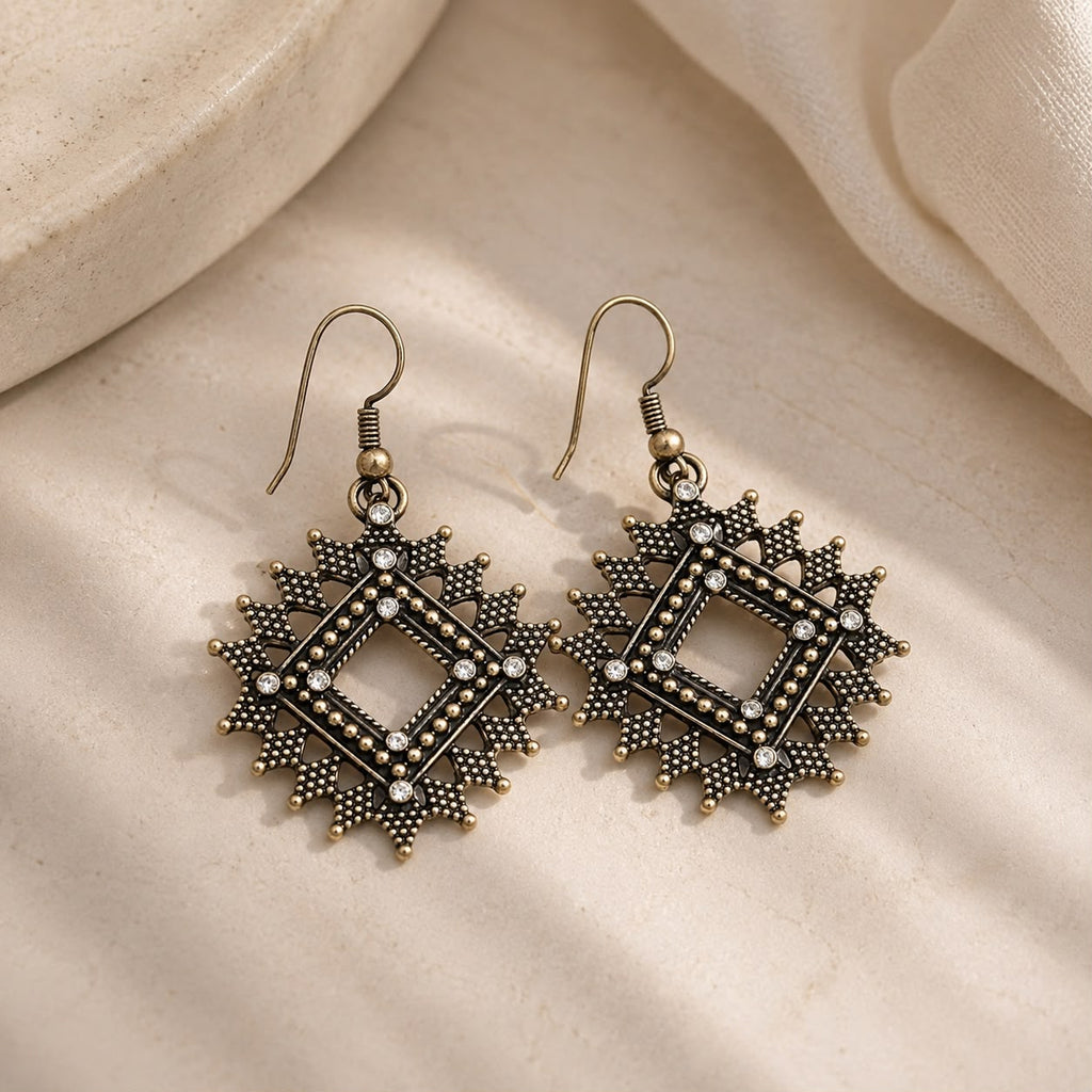 Antique Gold Geometric Square Drop Earrings