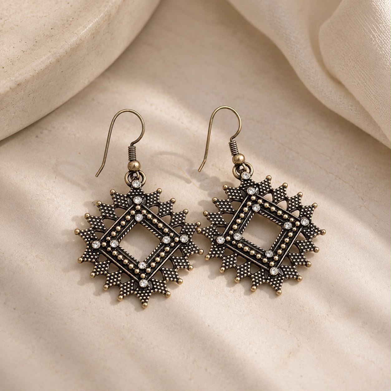 Antique Gold Geometric Square Drop Earrings