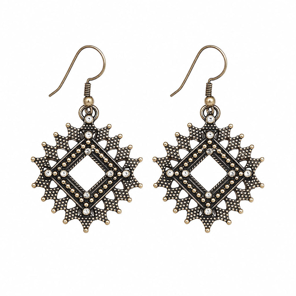 Antique Gold Geometric Square Drop Earrings