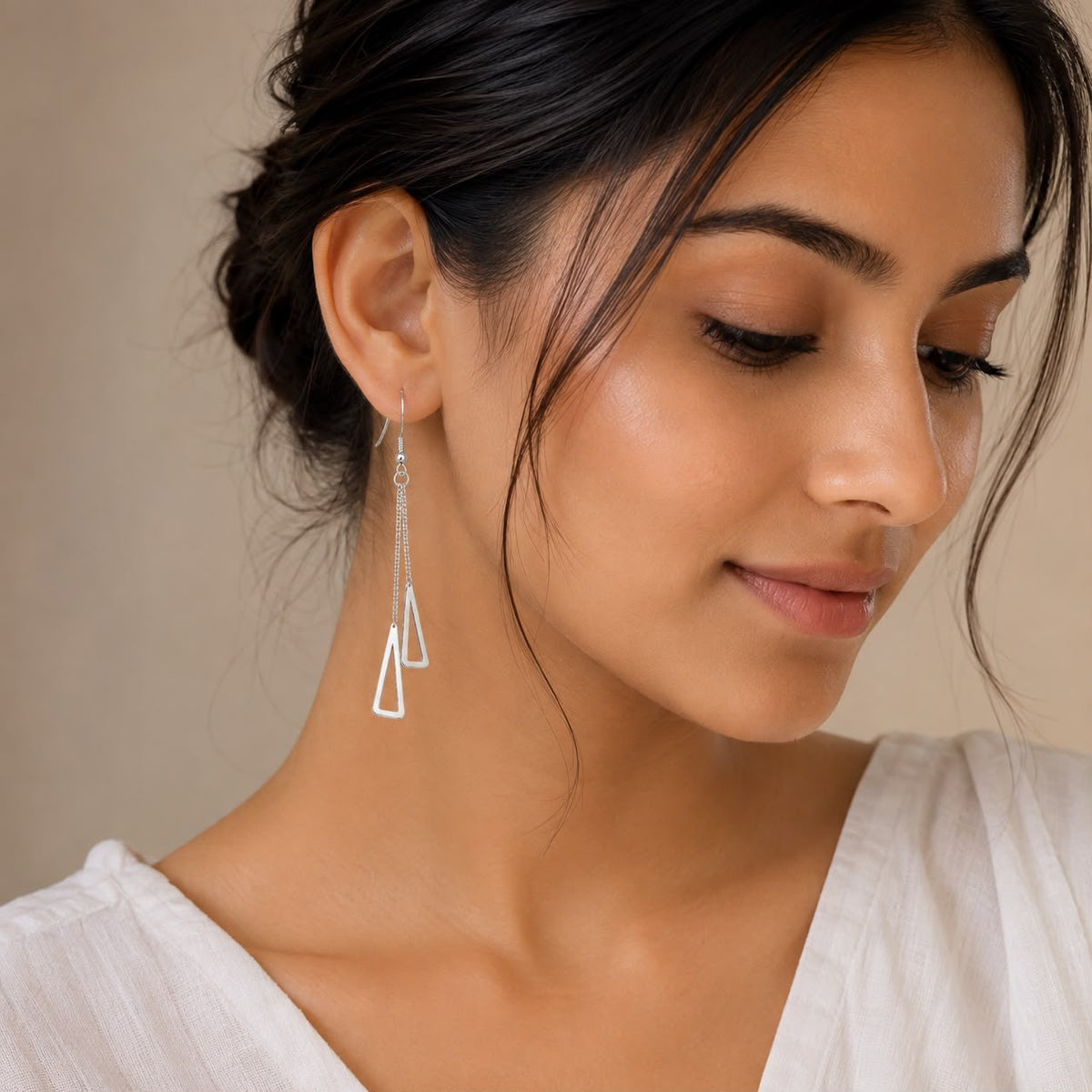 Silver Double Triangle Chain Drop Earrings