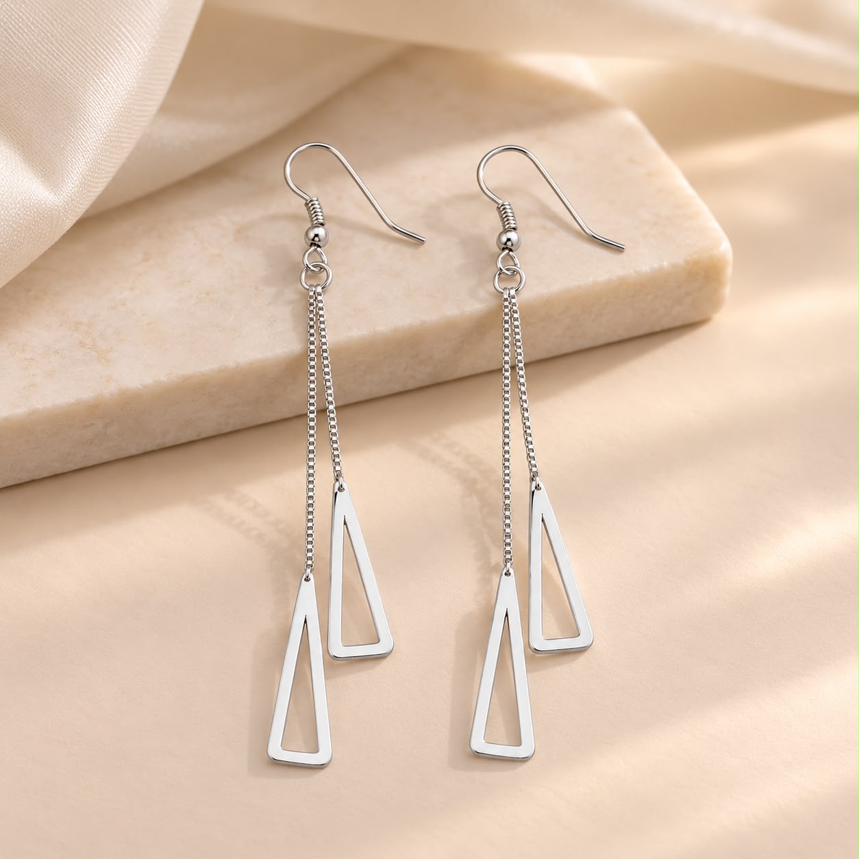 Silver Double Triangle Chain Drop Earrings