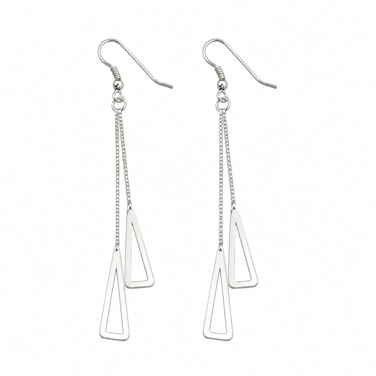 Silver Double Triangle Chain Drop Earrings